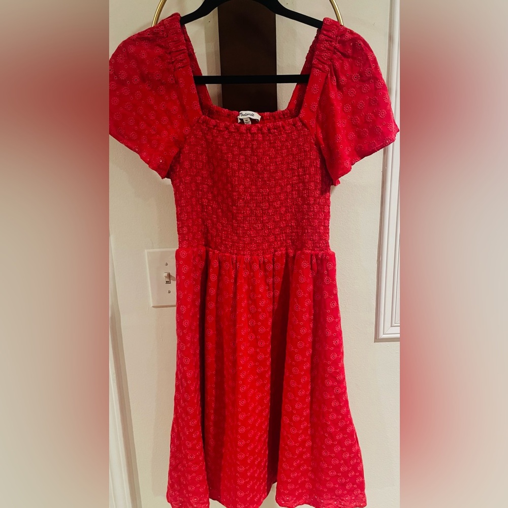 Madewell Red Shirred Floral Eyelet Kids Dress